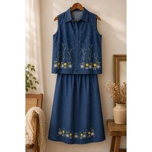 Vintage Embroidered Denim Skirt Set Chambray Cottagecore Grandmacore Floral M